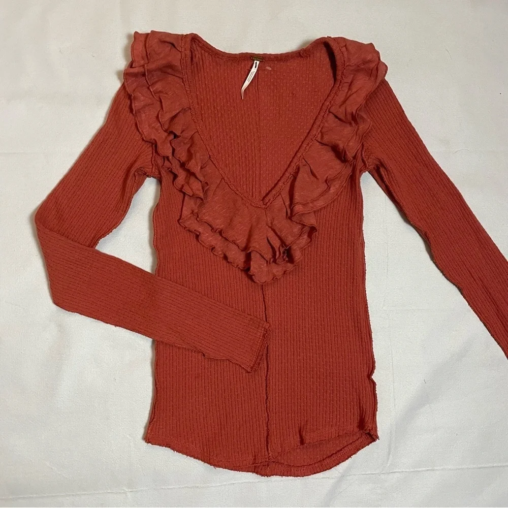 New Free People Bennet Ruffled Long Sleeve Terracotta Top Size XS